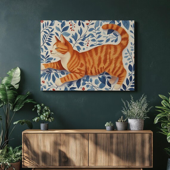 Ginger Tabby Cat Stretching Against Blue Botanical Floral Poster