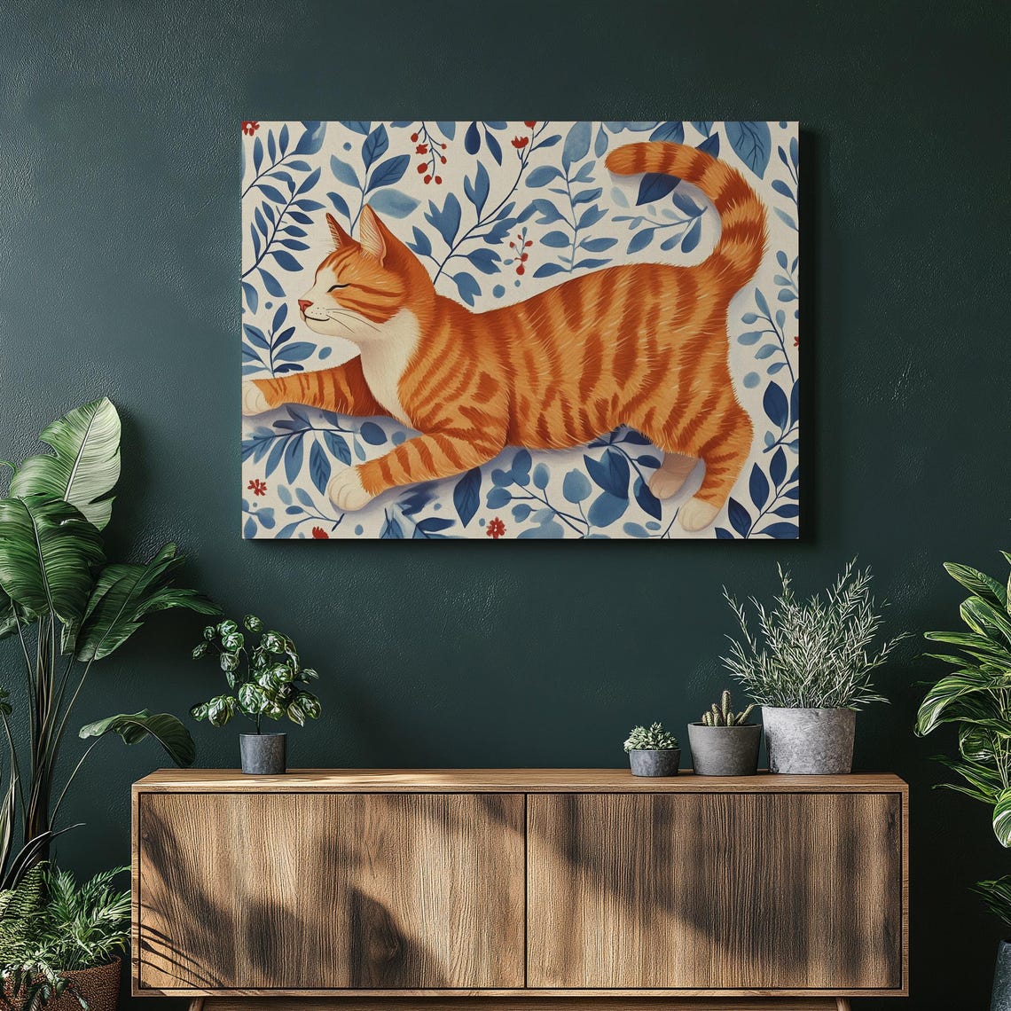 Ginger Tabby Cat Stretching Against Blue Botanical Floral Poster