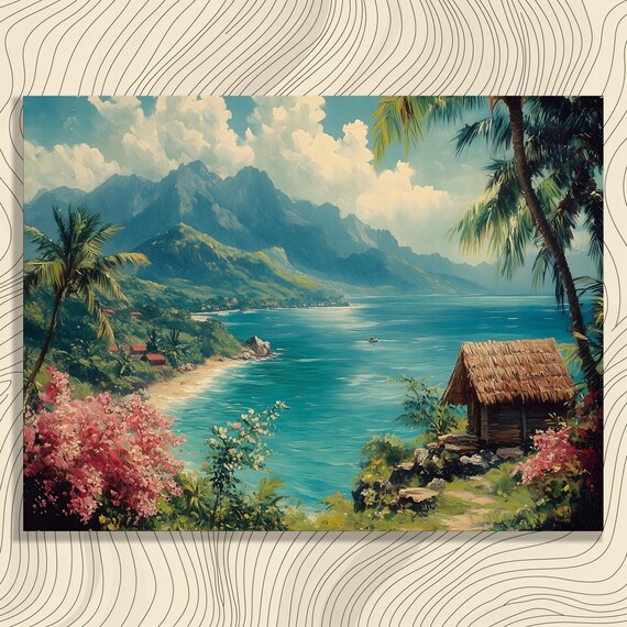 Tropical Beach Palms Thatch Hut Mountains Vibrant Ocean Art Poster