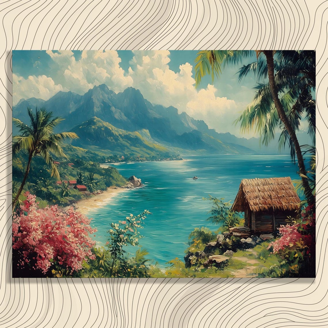 Tropical Beach Palms Thatch Hut Mountains Vibrant Ocean Art Poster