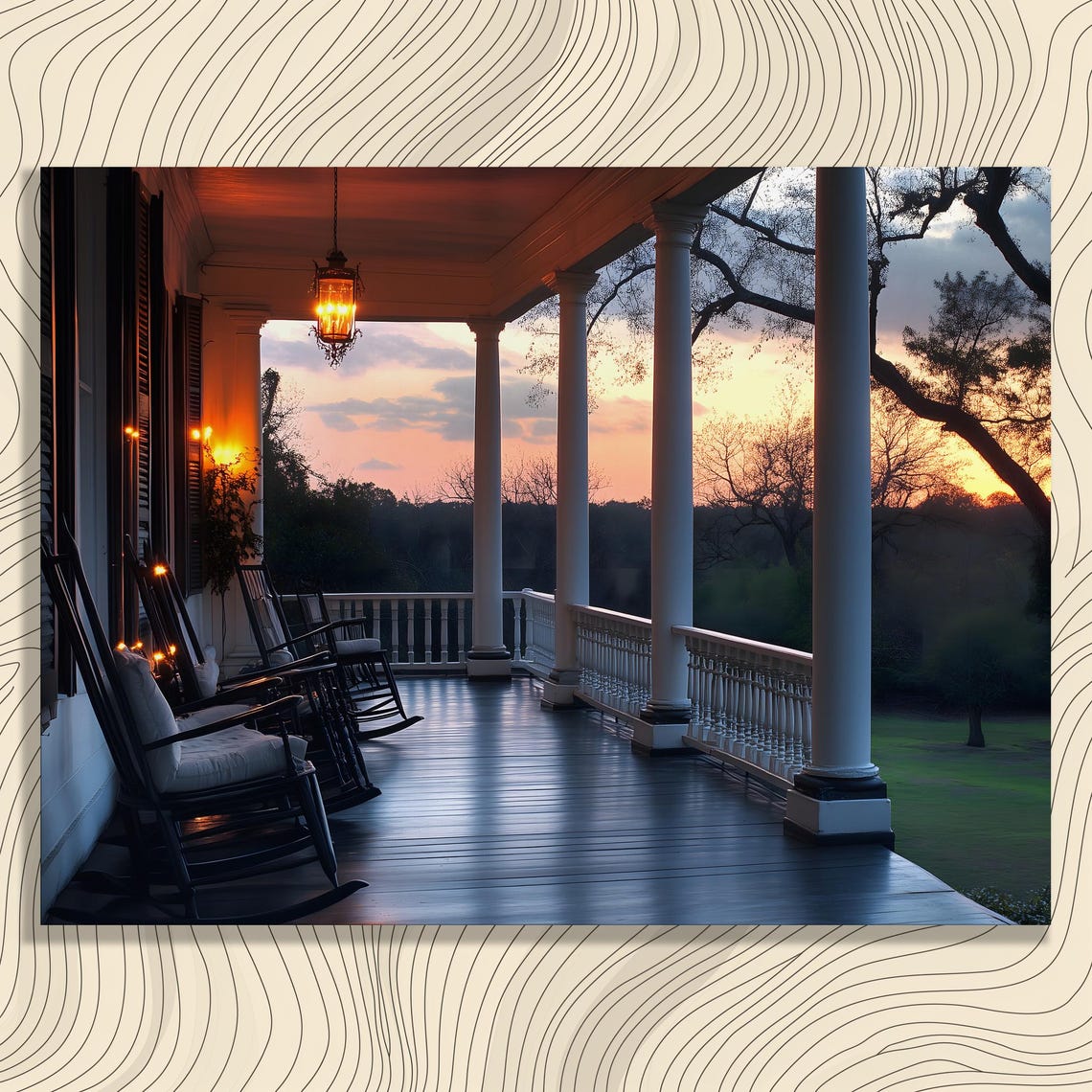 Sunset Porch Rocking Chairs Lanterns Cozy Landscape Art Print