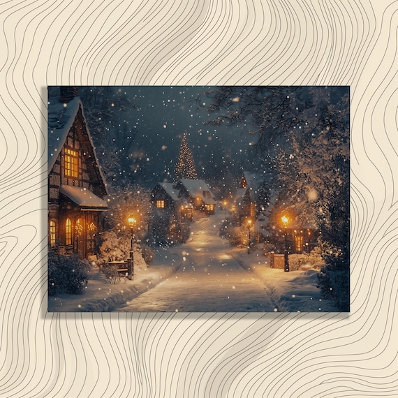 Snowy Village Night Cozy Lights Winter Christmas Scene Poster