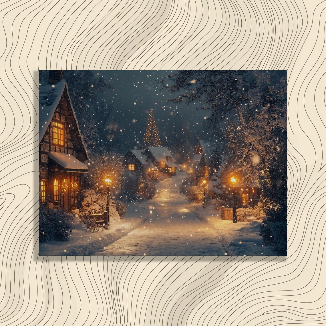 Snowy Village Night Cozy Lights Winter Christmas Scene Poster
