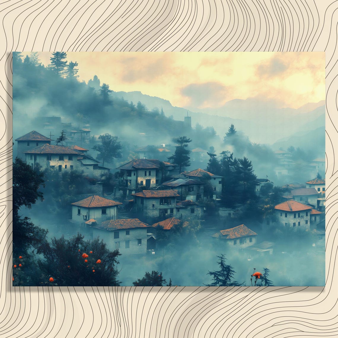 Misty Mountain Village Morning Fog Sunrise Red Rooftops Poster