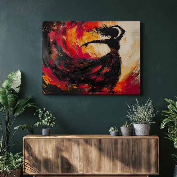 Abstract Flamenco Dancer Canvas Wall Art Painting Vibrant Red Orange Black Modern Decor Print For Home And Dance Lovers