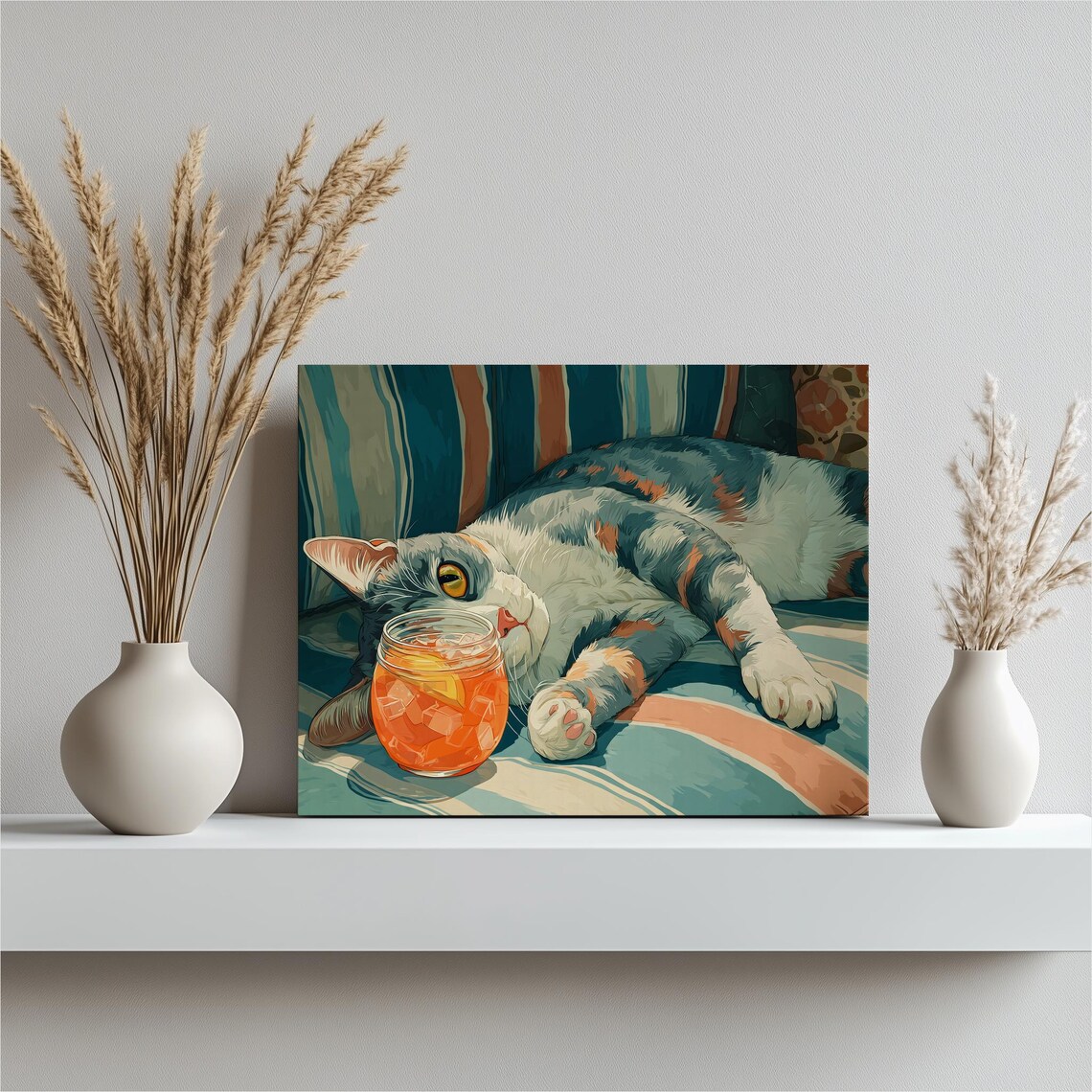 Calico Cat Lounging With Iced Drink Colorful Cozy Illustration Wall Art