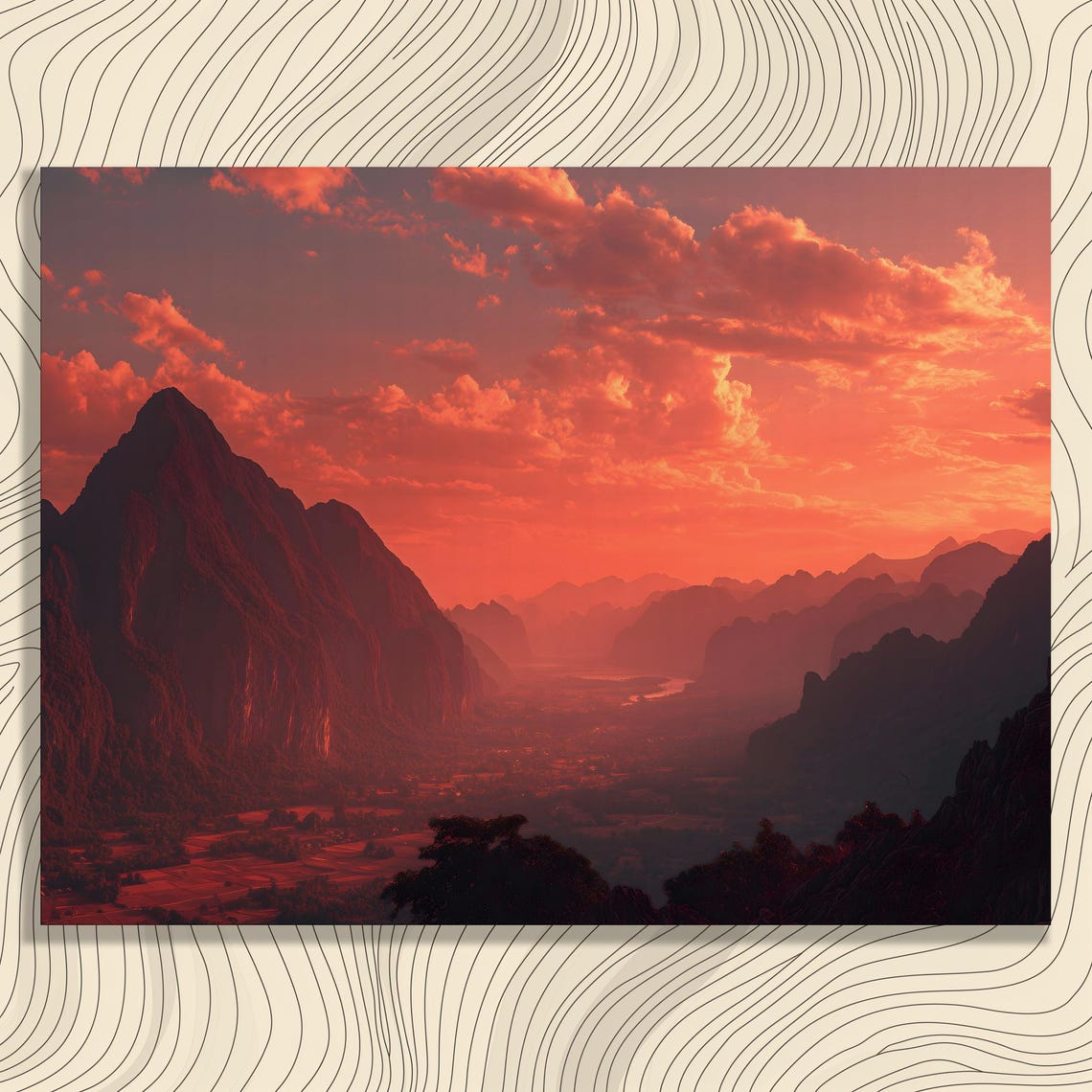 Mountain Valley Sunset Red Sky Dramatic Peaks Landscape Art Poster