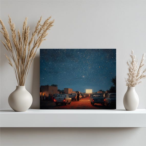Drive In Theater Canvas Wall Art Vintage Cars Under Starry Sky Print Outdoor Cinema Painting Retro Decor Gift For Film Buffs