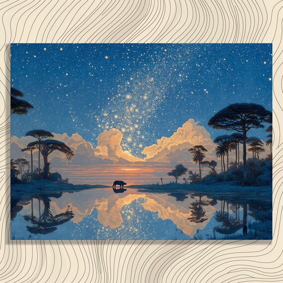 Starry Night Sky Canvas Wall Art Tropical Savanna Sunset Palm Trees Reflection Hippopotamus Silhouette Dreamy Colorful Landscape