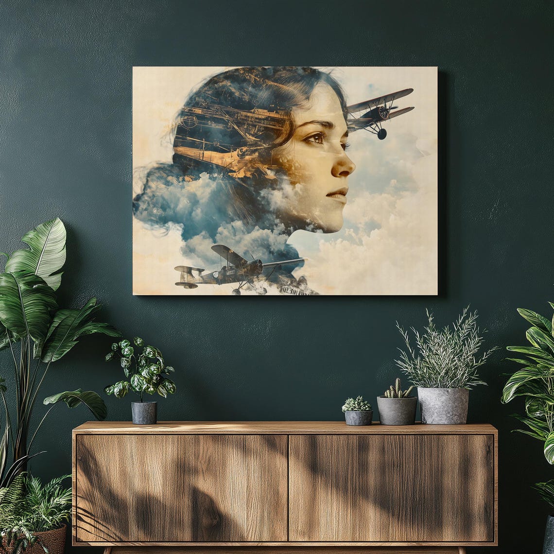 Aviator Portrait Double Exposure Biplanes Clouds Vintage Poster