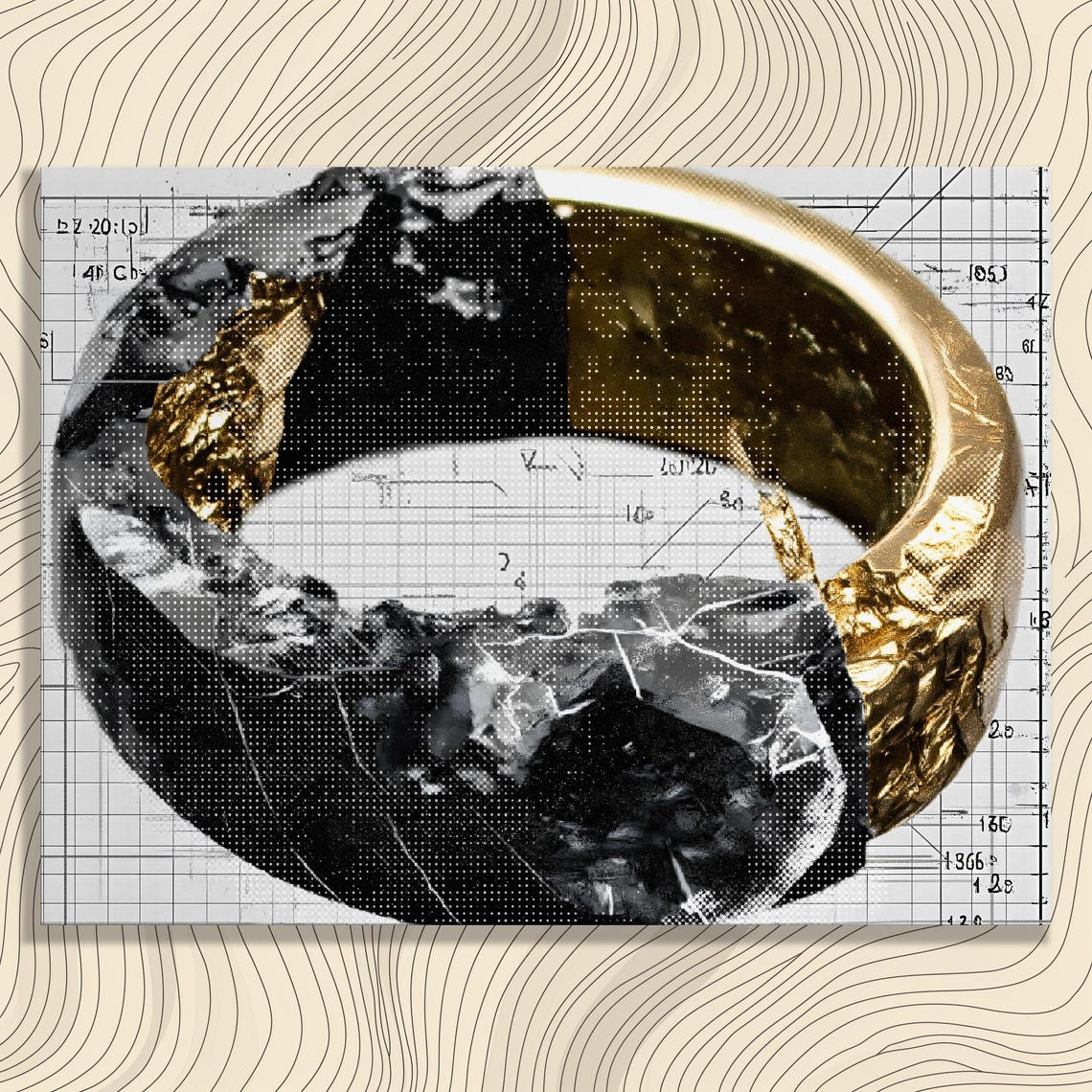 Modern Geometric Torus Blueprint Abstract Black Gold Statement Poster