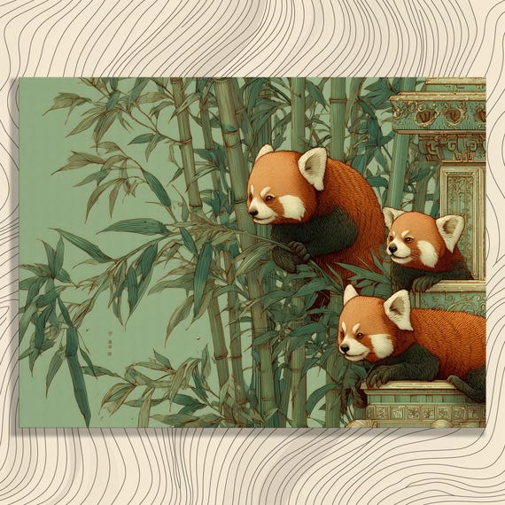 Playful Red Panda Canvas Wall Art Majestic Bamboo Forest Temple Illustration Print Wildlife Decor Oriental Animal Gift Nature Lover