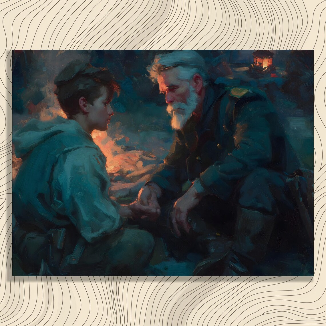 Boy and Elderly Man Sharing a Tender Moment by Firelight Night Painting Poster