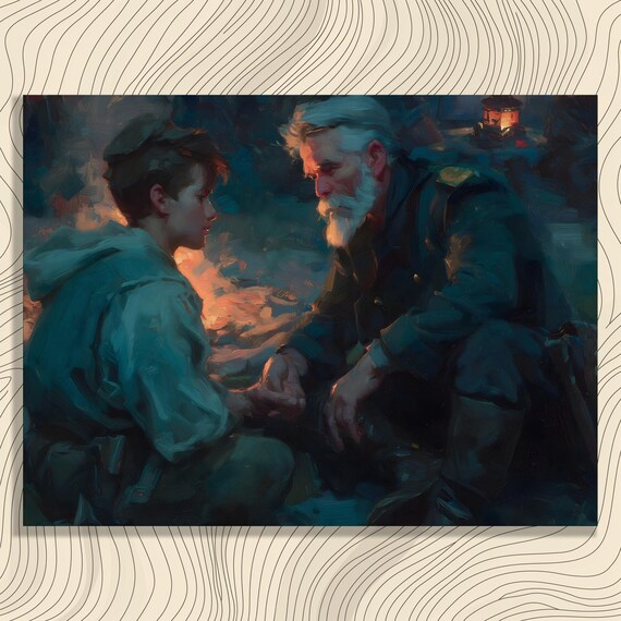 Boy and Elderly Man Sharing a Tender Moment by Firelight Night Painting Poster