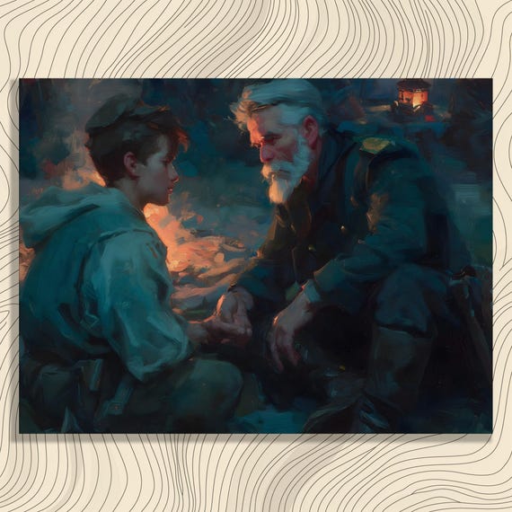 Campfire Soldier Boy Canvas Wall Art Veteran Mentoring Youth Painting Rustic Decor Print Military Hero Gift For History Lovers