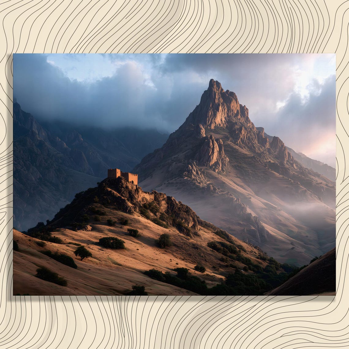 Ancient Fortress Misty Mountain Ridge Sunrise Landscape Poster