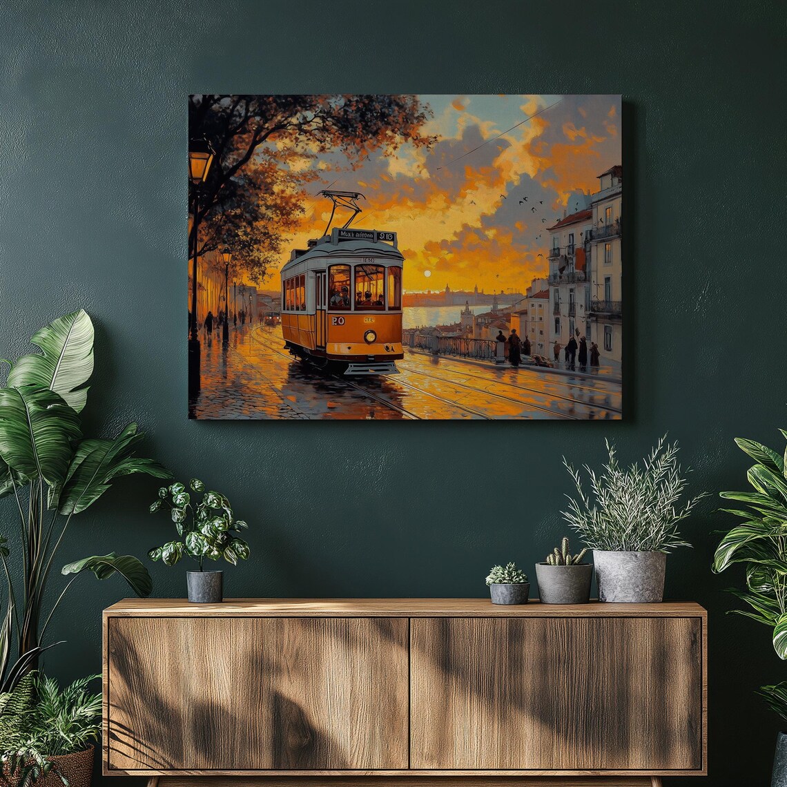 Lisbon Vintage Yellow Tram Sunset Street River Scene Art Poster