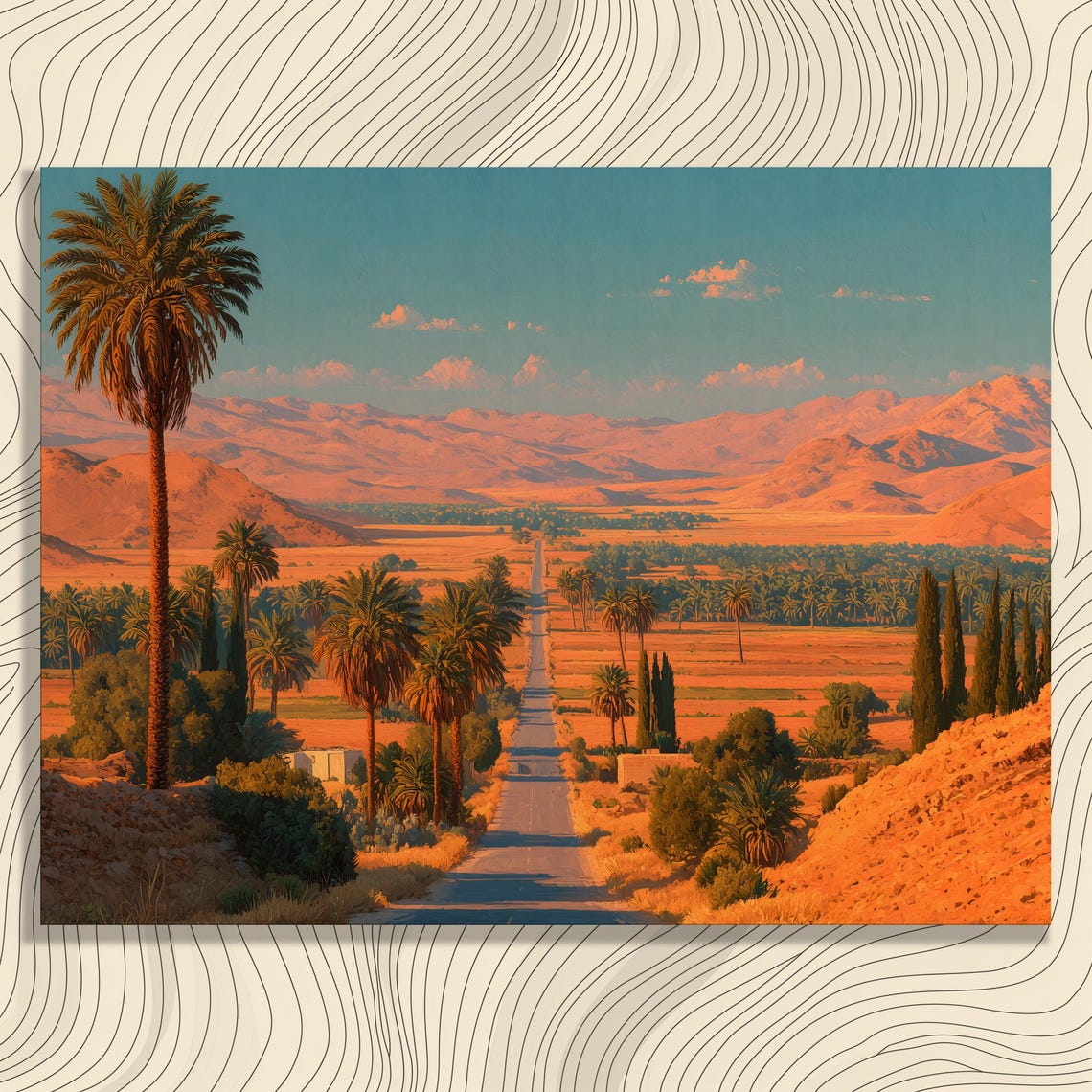 Long Desert Road with Palm Trees and Red Mountains Sunset Art Poster