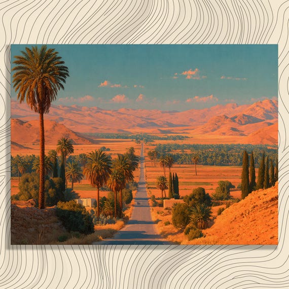 Colorful Desert Road Canvas Wall Art Sunset Landscape With Palms Mountains And Glowing Sky Modern Boho Decor Fine Print Giclee