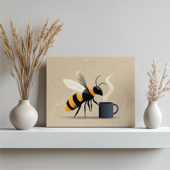 Bee Coffee Canvas Wall Art Whimsical Print Mug Lover Kitchen Decor Yellow Black Insect Illustration Modern Home Accent
