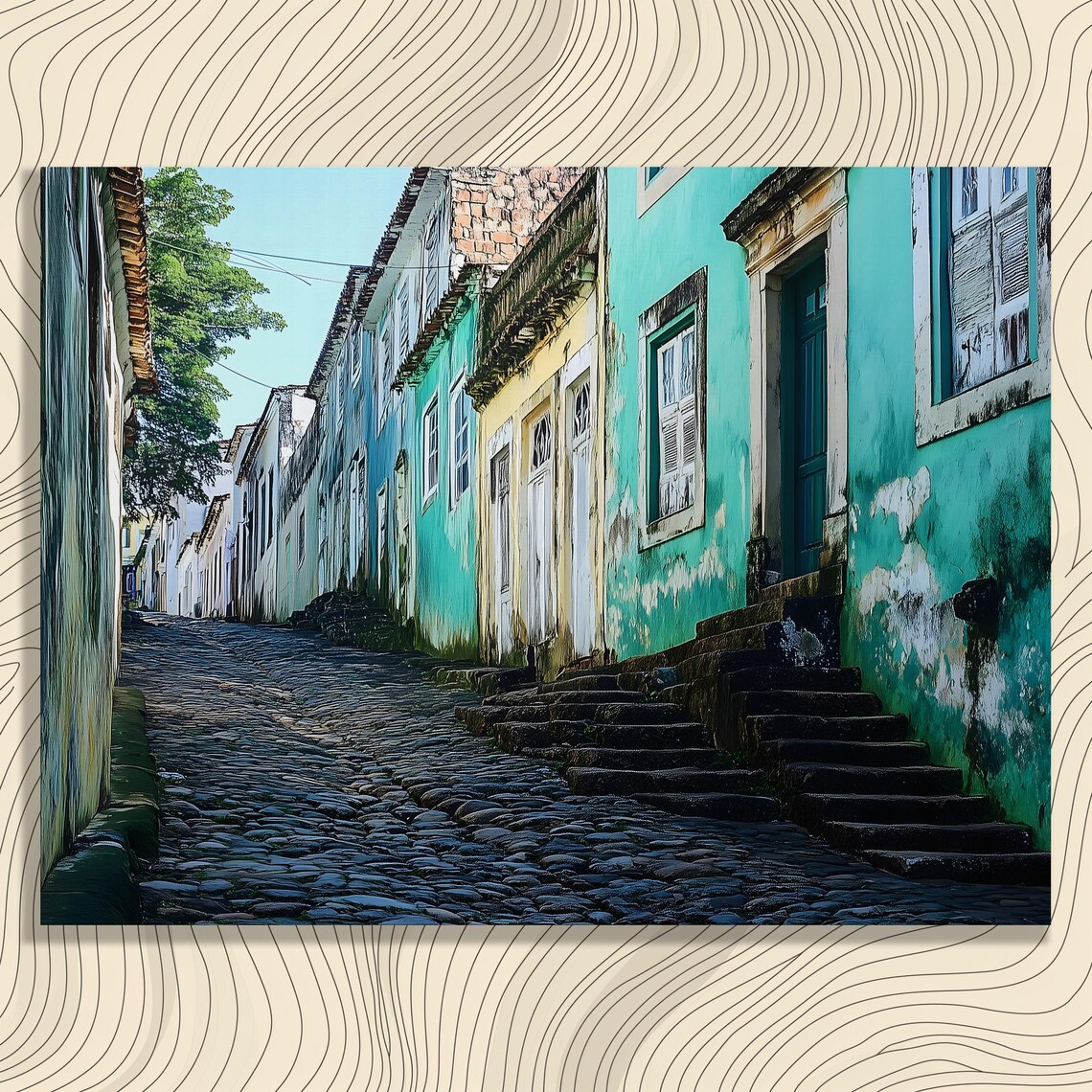 Colorful Old Town Cobblestone Street Colonial Houses Travel Poster