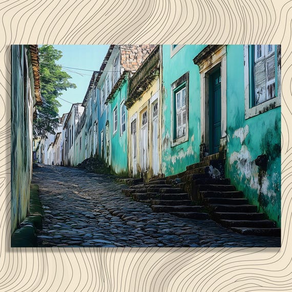 Vibrant Street Scene Canvas Wall Art Vintage Urban Architecture Print Colorful Cobblestone Pathway Decor For Travelers