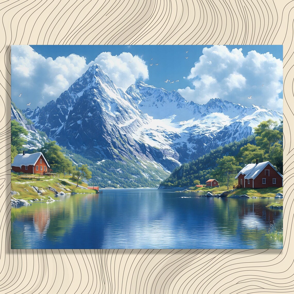 Norway Fjord Red Cabins Snow Mountain Lake Serene Landscape Poster