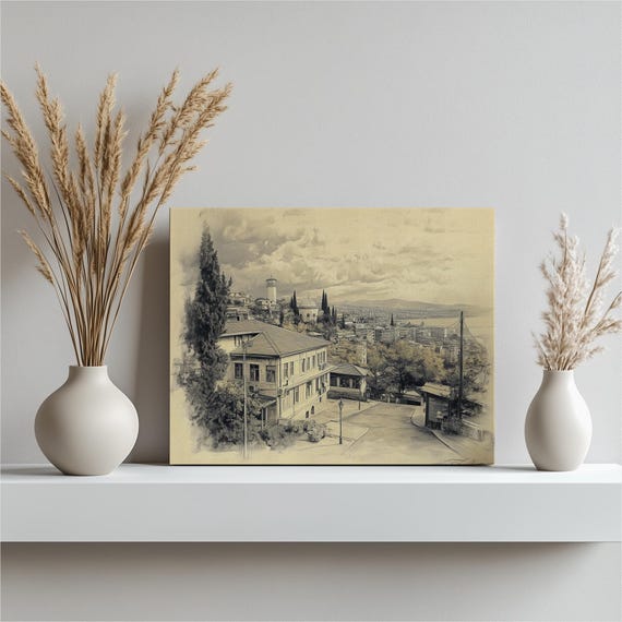 Macedonia Canvas Wall Art Skyline Illustration Serene Town Landscape With Sea View And Clouds Architectural Decor For Living Room Office