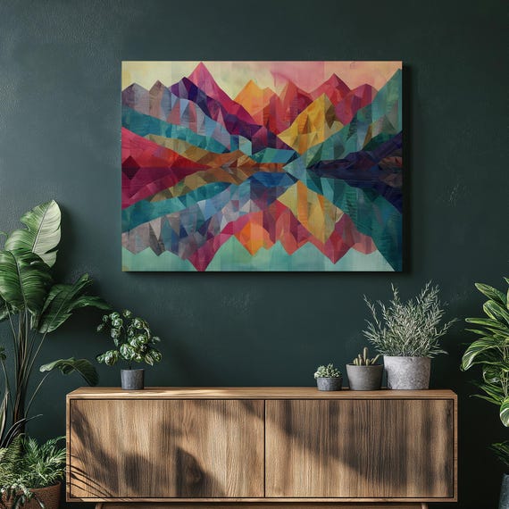 Colorful Dreamy Mountain Landscape Canvas Wall Art Abstract Surreal Andes Mountains Pastel Sky Geometric Shapes Reflection Fabrics Wallart