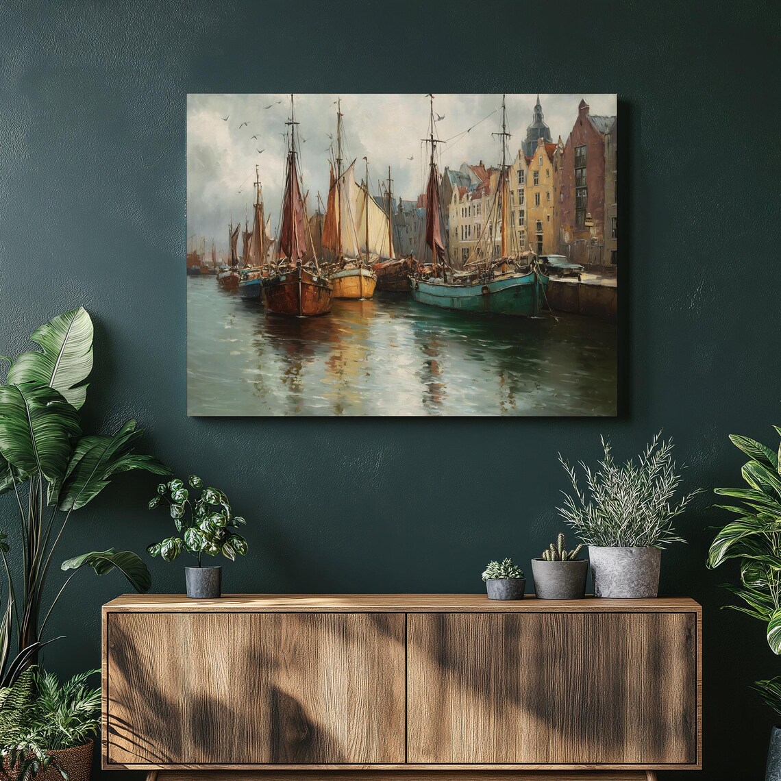 Old Sailing Ships European Harbor Vintage Oil Painting Wall Art