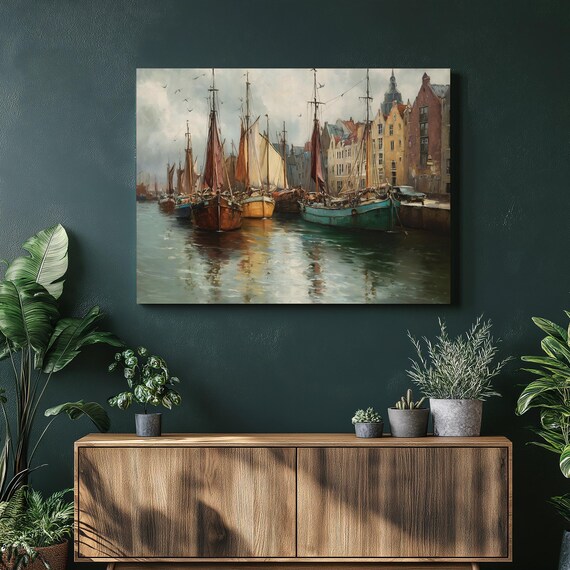 Old Sailing Ships European Harbor Vintage Oil Painting Wall Art