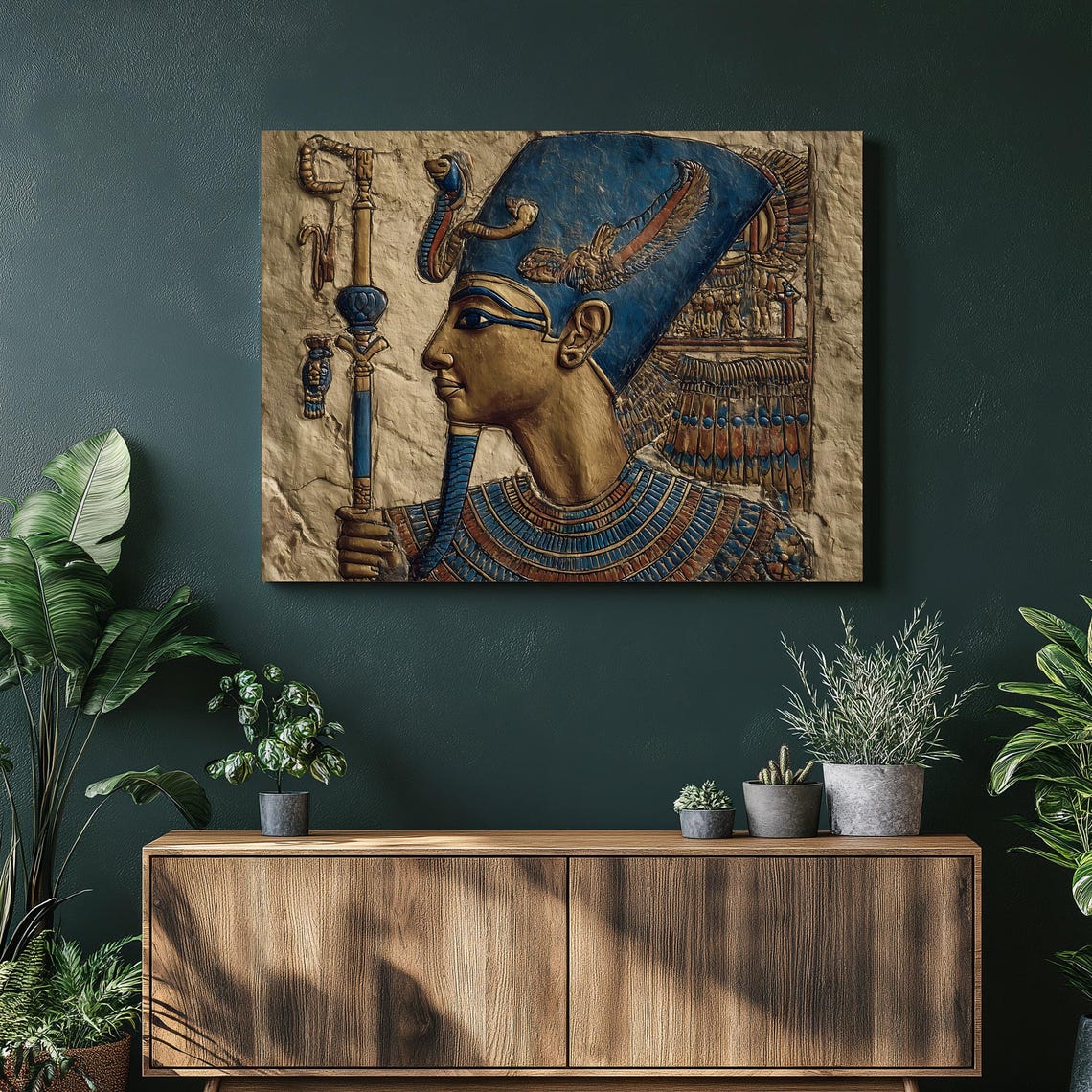 Ancient Egyptian Pharaoh Profile Blue Crown Relief Art Poster