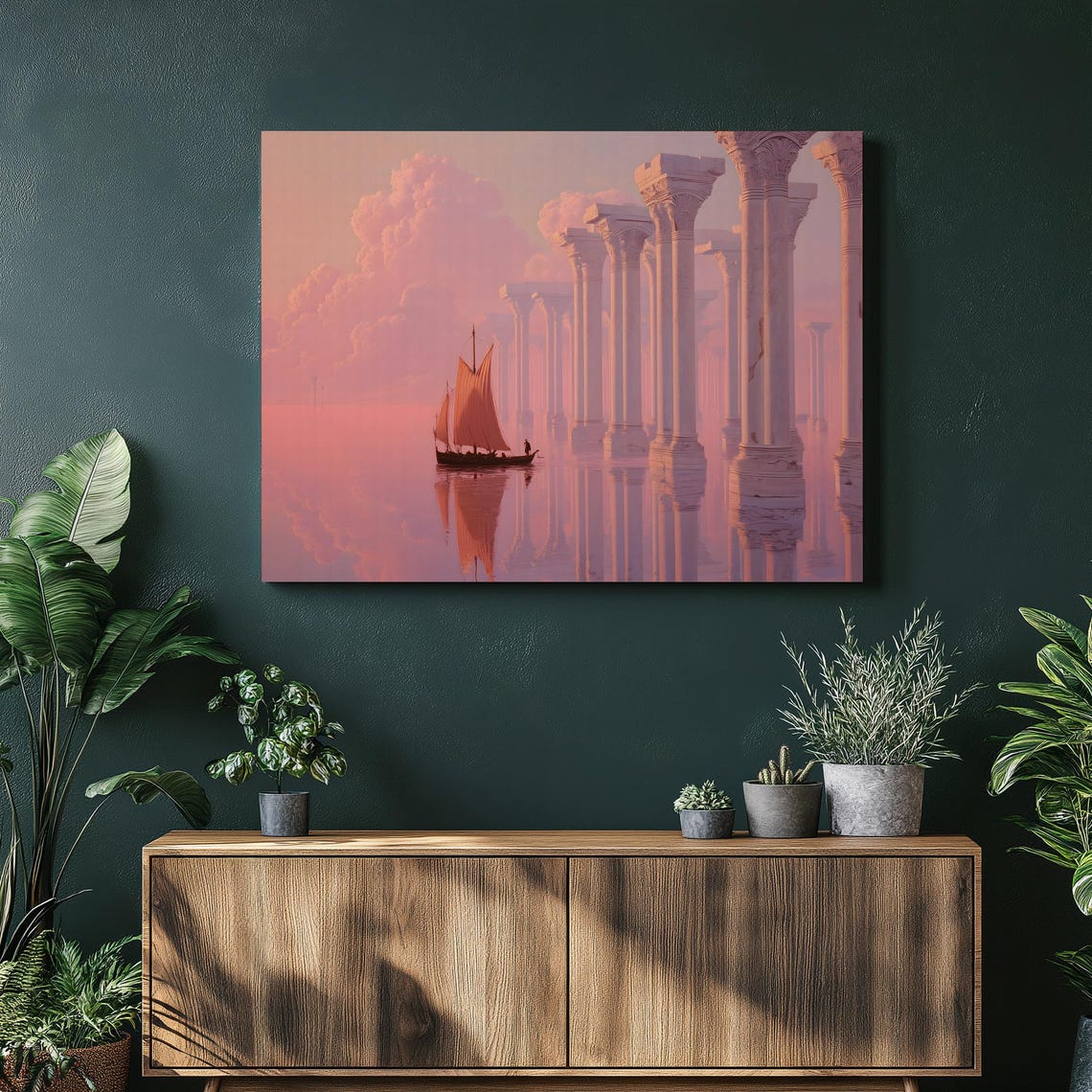 Surreal Sailboat Pink Sunset Ancient Greek Columns Reflection Poster