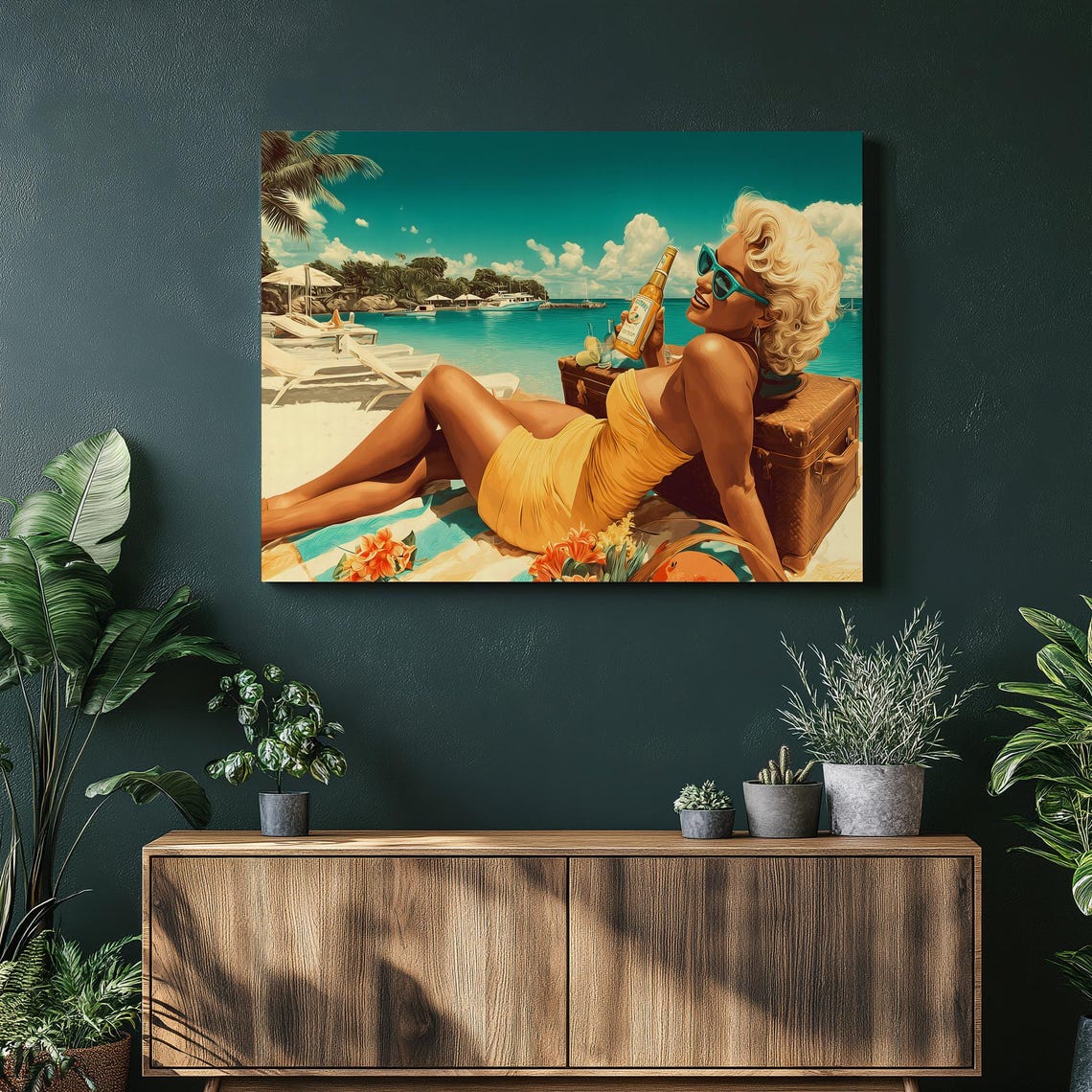 Retro Beach Pin Up Blonde Bombshell Yellow Swimsuit Coastal Poster