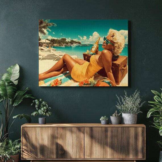 Retro Beach Pin Up Blonde Bombshell Yellow Swimsuit Coastal Poster