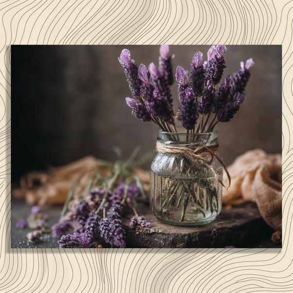Lavender Bouquet Canvas Wall Art Rustic Farmhouse Mason Jar Still Life Print Botanical Vintage Floral Decor Painting Gift Ready To Hang