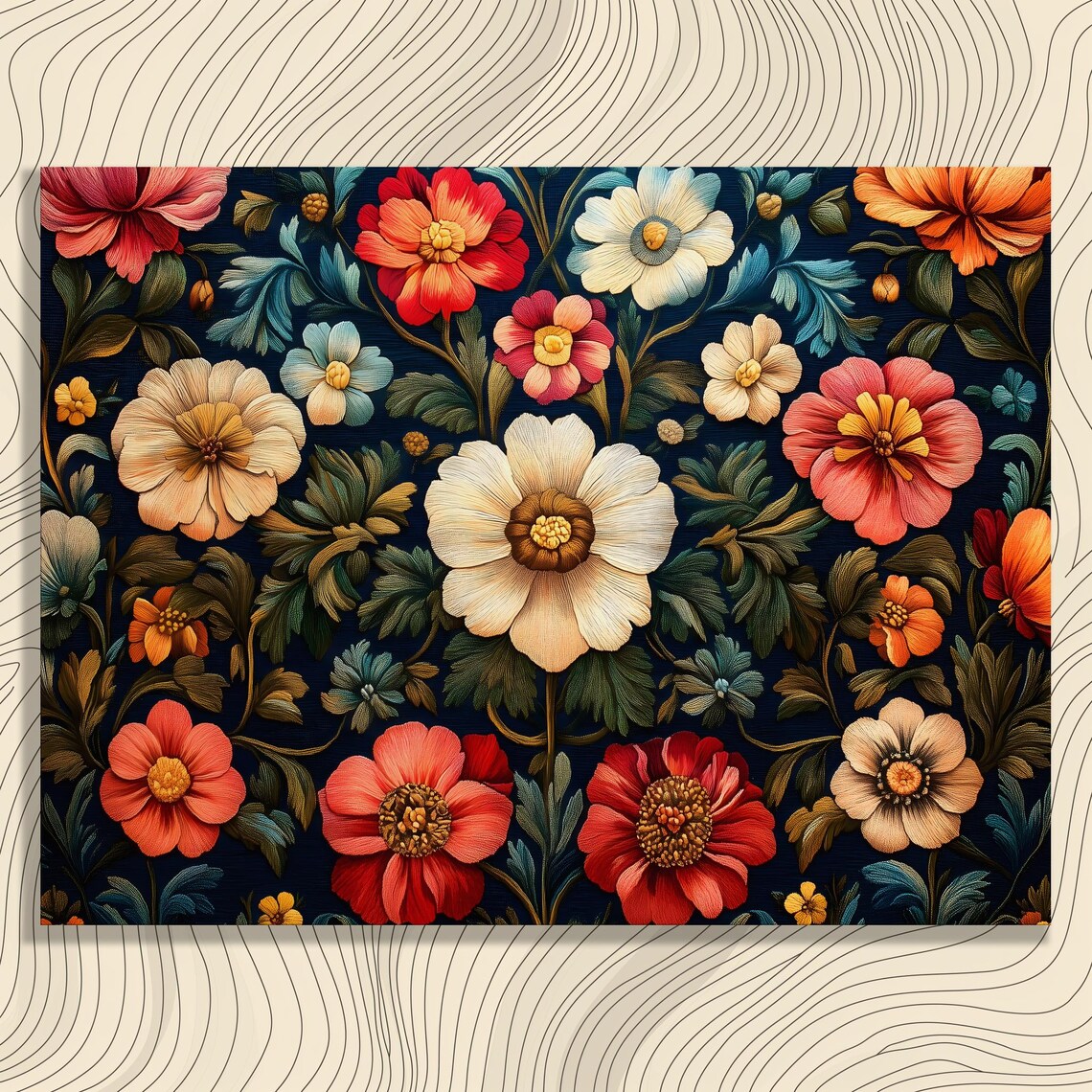 Vintage Floral Botanical Pattern Navy Red Cream Flower Art Poster