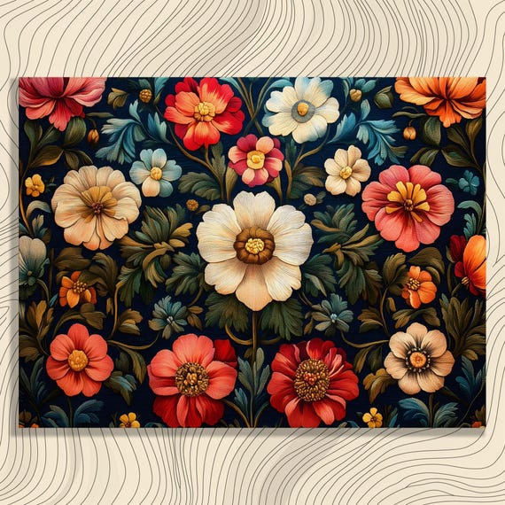 Vibrant Floral Canvas Wall Art Vintage Botanical Print Colorful Bloom Garden Pattern Dark Background Boho Tapestry Baroque Style