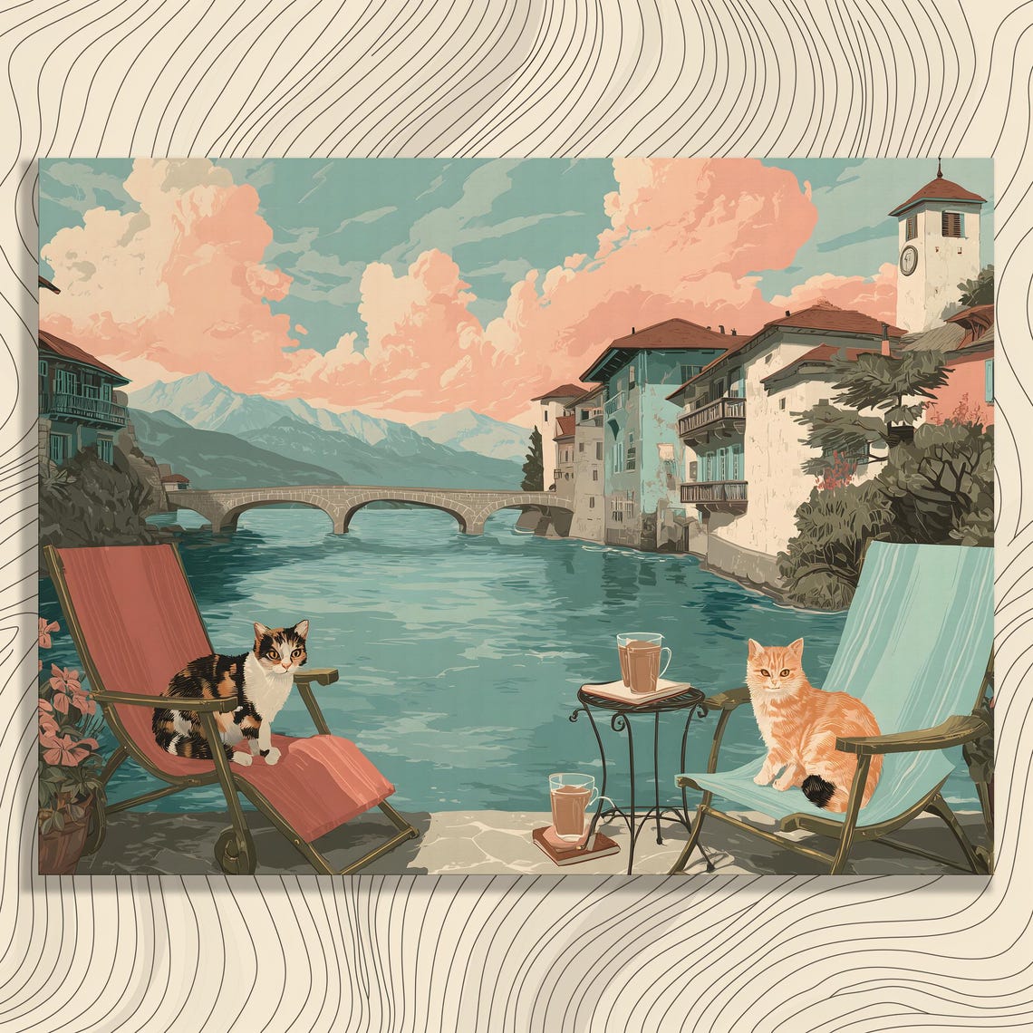 Two Cats Relaxing Riverside Village Retro Travel Cat Art Poster