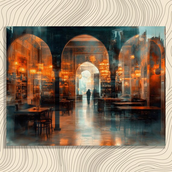 Moorish Cafe Lantern Glow Arches Interior Painting Art Poster