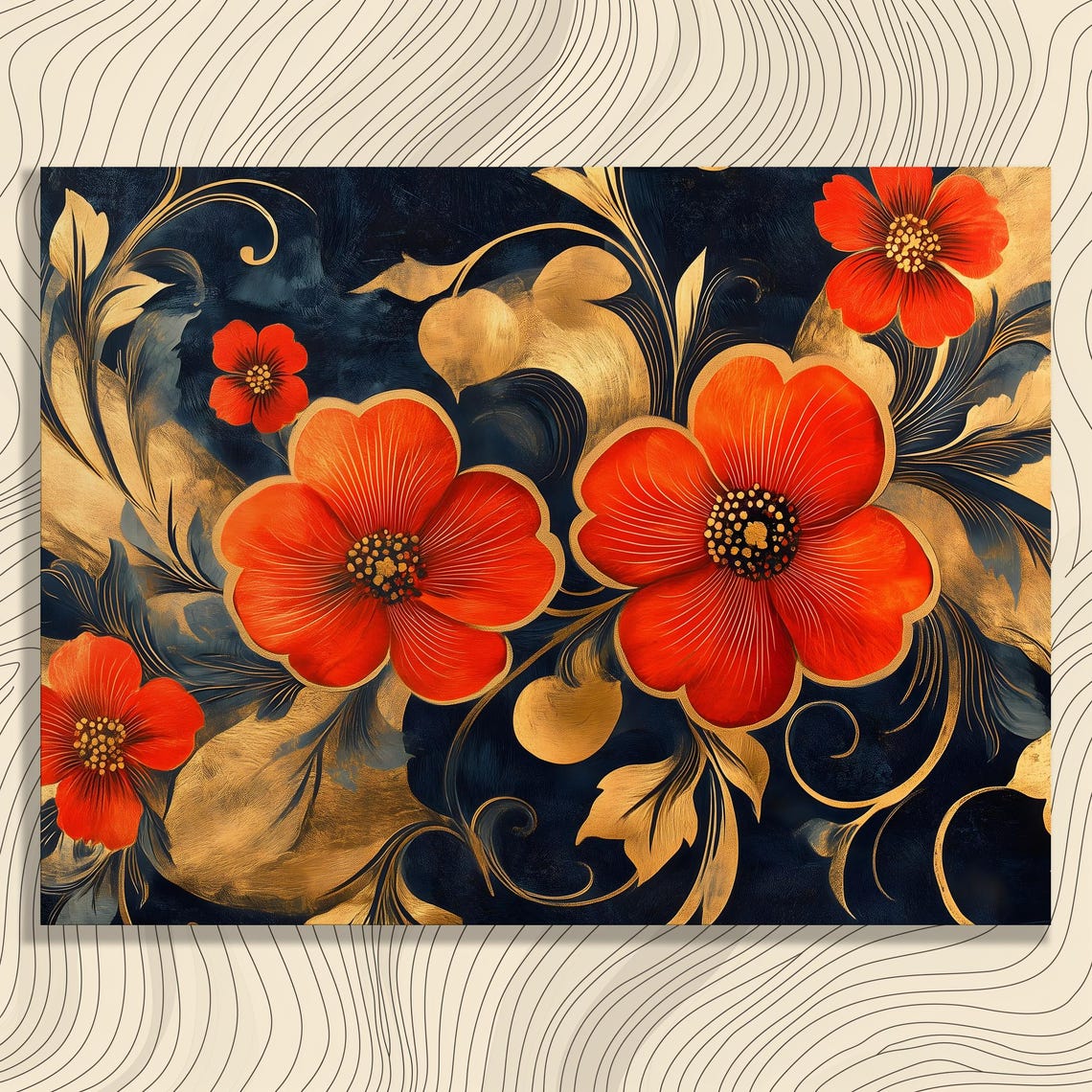 Red Poppy Flowers Gilded Gold Leaf Swirls Dark Canvas Wall Art