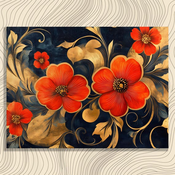 Red Poppy Floral Canvas Wall Art Gilded Botanical Swirls With Gold Leaves On Dark Background Elegant Flower Decor Print For Luxury Home