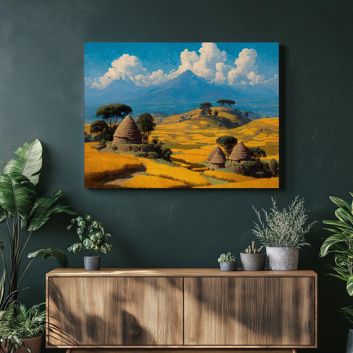 Golden Wheat Fields And Thatched Huts Village Painting Poster