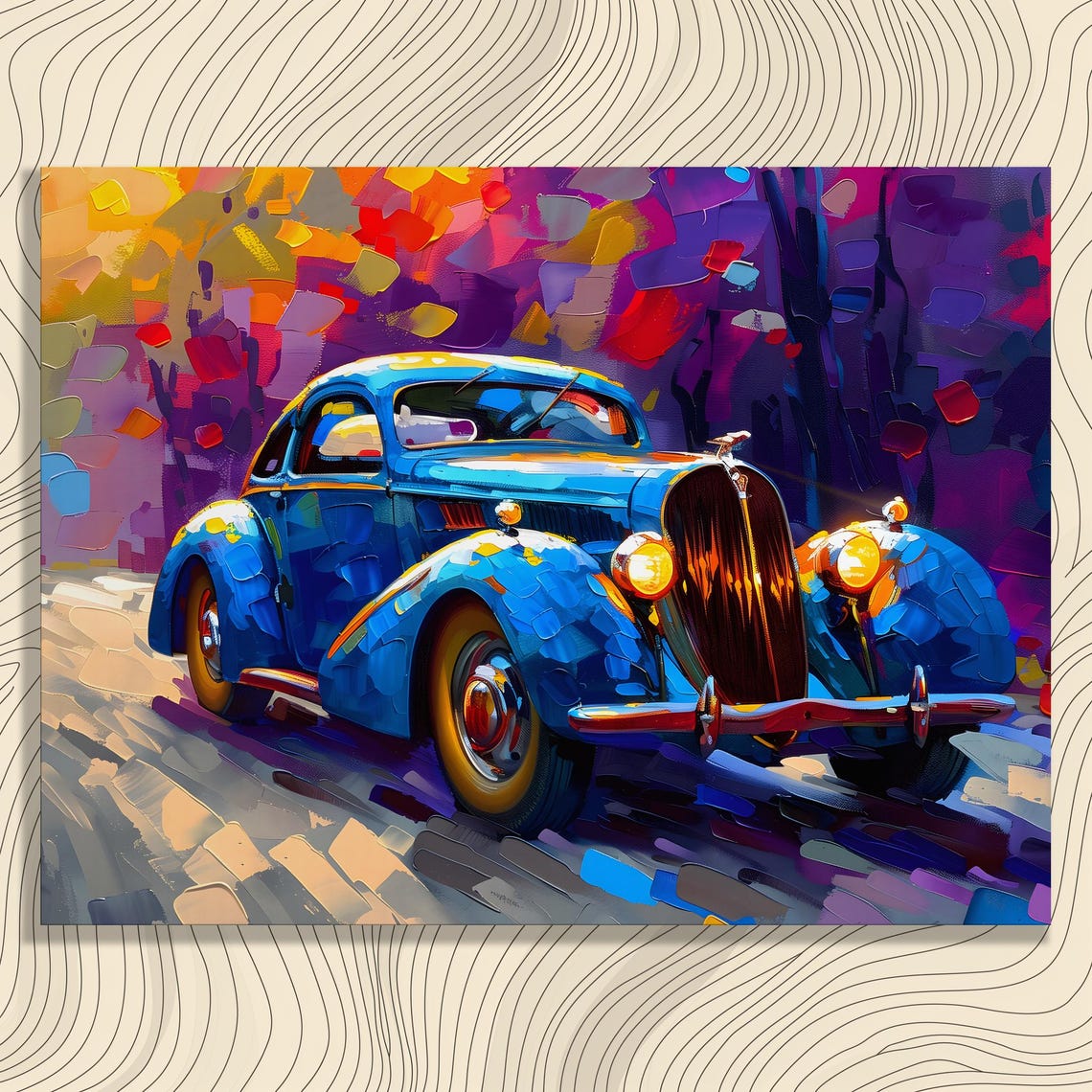 Vintage Blue Classic Car Impasto Oil Painting Retro Coupe Wall Art