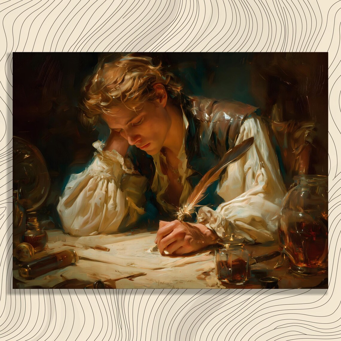 Young Poet Writing by Candlelight Classic Oil Painting Art Poster