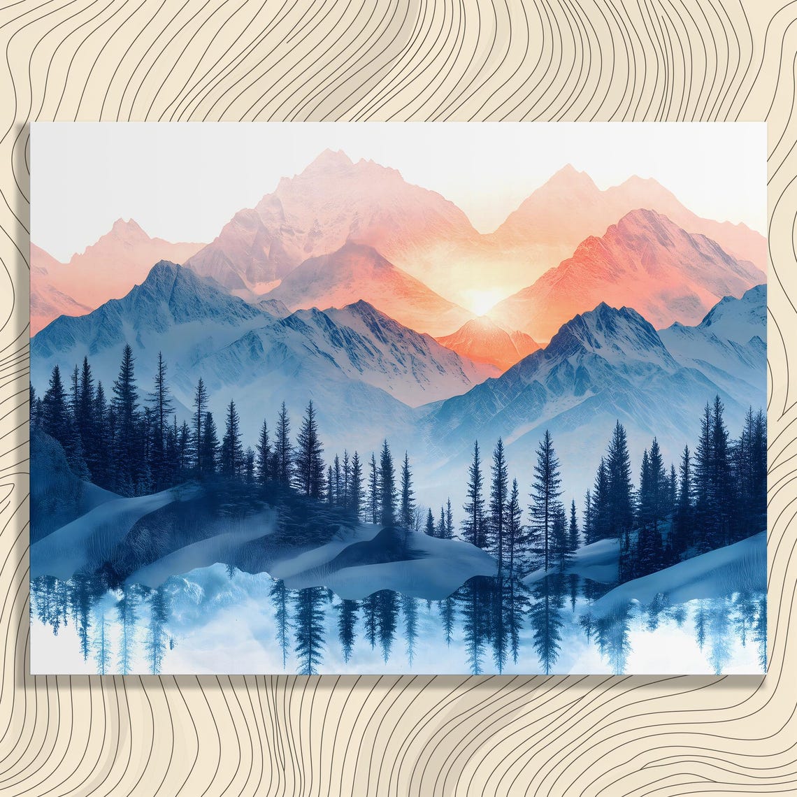 Snowy Mountain Sunset Pine Forest Lake Reflection Art Poster