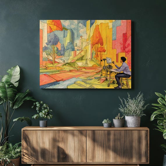 Futuristic Cityscape Canvas Wall Art Vibrant Urban Landscape With Robotics Artist Sci Fi Architecture Skyline For Modern Home Decor
