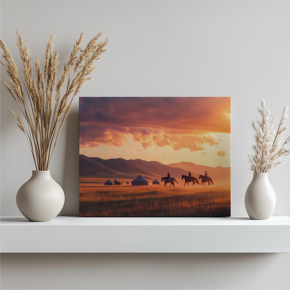 Mongolia Steppe Sunset Horse Riders Yurts Golden Grassland Poster