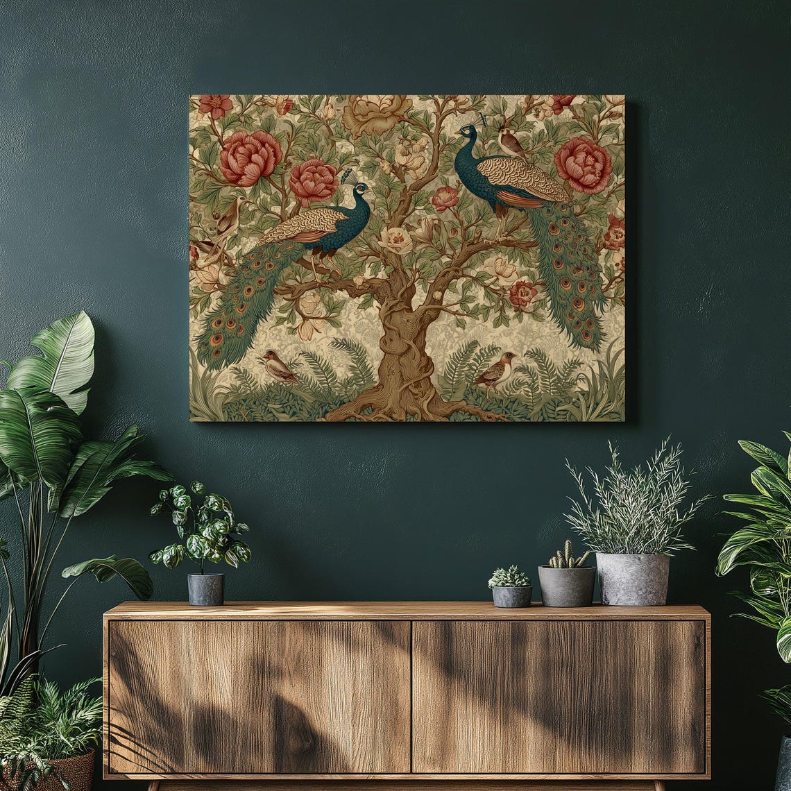William Morris Style Peacocks on a Tree of Life with Peonies Wall Art