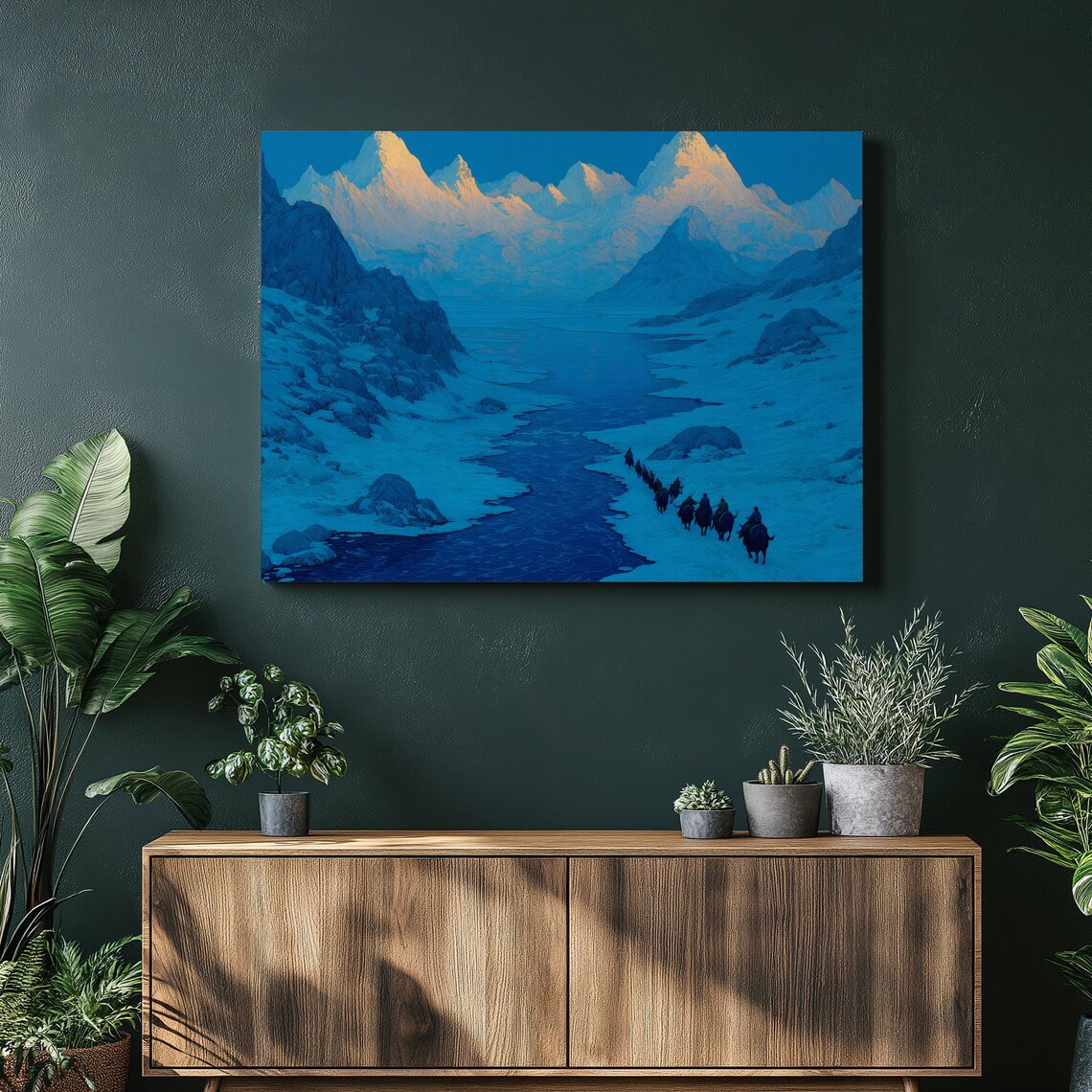Yak Caravan Crossing Snowy Mountain Valley at Sunrise Art Poster